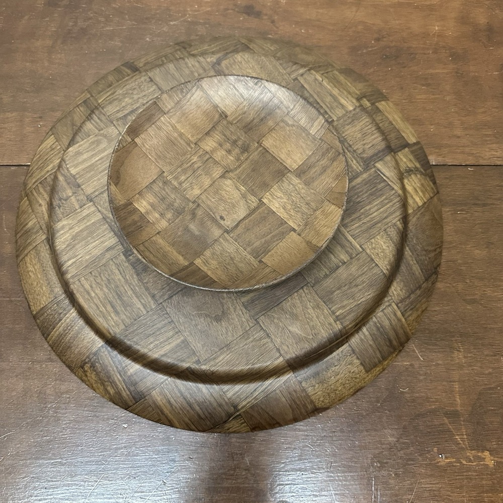 Vtg WEAVEWOOD Hand Woven Walnut Wood Lazy Susan 14" Round Mid Century Modern NEW - Picture 5 of 7